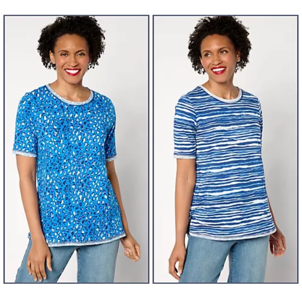 2 PACK! LOGO by Lori Goldstein elbow sleeve scoop neck tees Blue Combo EUC - 1X